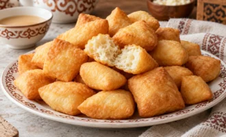 Казахские баурсаки с золотистой корочкой и мягким мякишем на дастархане