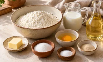 Мука, молоко, яйцо, масло, сахар, соль и дрожжи для баурсаков