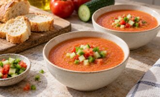Охлаждённый гаспачо в мисках с кубиками овощей