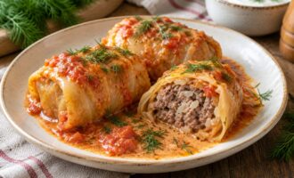 Классические голубцы с мясом и рисом в томатно-сметанном соусе