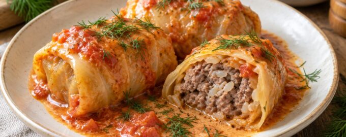 Классические голубцы с мясом и рисом в томатно-сметанном соусе