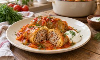 Готовые голубцы с сочной мясной начинкой и рисом в разрезе