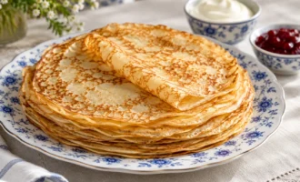 Классические тонкие блины на молоке на фарфоровом блюде