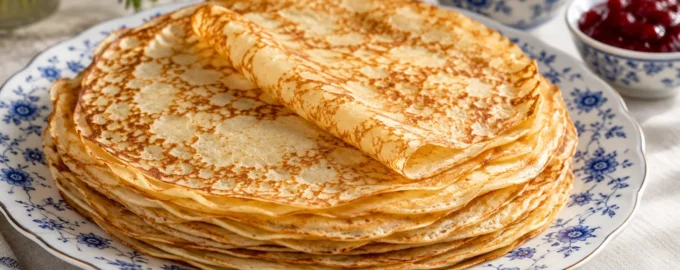 Классические тонкие блины на молоке на фарфоровом блюде