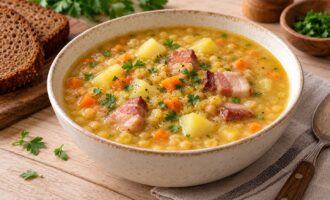 Классический гороховый суп с копчёной грудинкой и картофелем