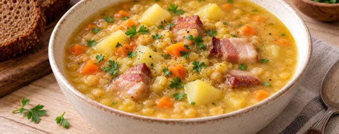 Классический гороховый суп с копчёной грудинкой и картофелем