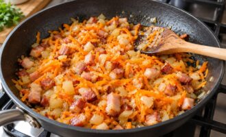 Пассерование грудинки с луком и морковью для горохового супа