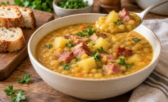 Готовый гороховый суп с мягким картофелем и грудинкой