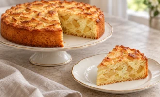 Классическая яблочная шарлотка и порционный ломоть на фарфоровой тарелке