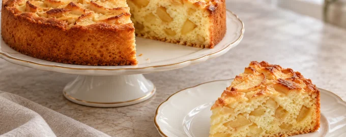 Классическая яблочная шарлотка и порционный ломоть на фарфоровой тарелке
