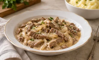 Бефстроганов из говядины со сметаной и луком на фарфоровой тарелке