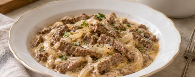 Бефстроганов из говядины со сметаной и луком на фарфоровой тарелке
