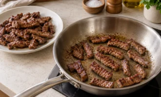 Обжаривание говядины небольшими партиями на сковороде
