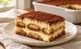 Классический тирамису с маскарпоне, кофе и какао на фарфоровой тарелке