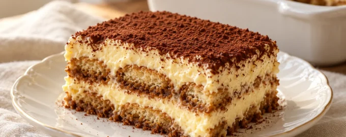 Классический тирамису с маскарпоне, кофе и какао на фарфоровой тарелке